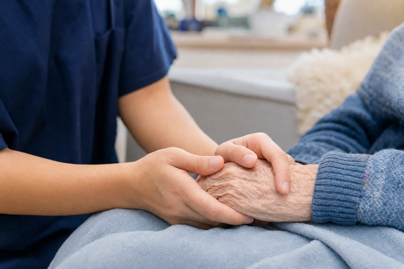 Eine Pflegekraft hält die Hände einer Seniorin
