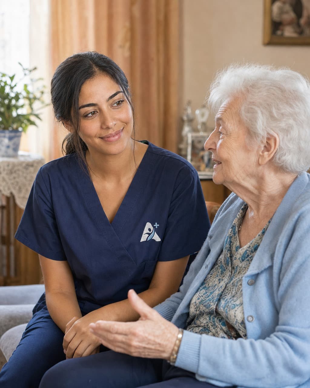 Aktiva+ Pflegekraft im Gespräch mit einer Seniorin in deren Wohnzimmer