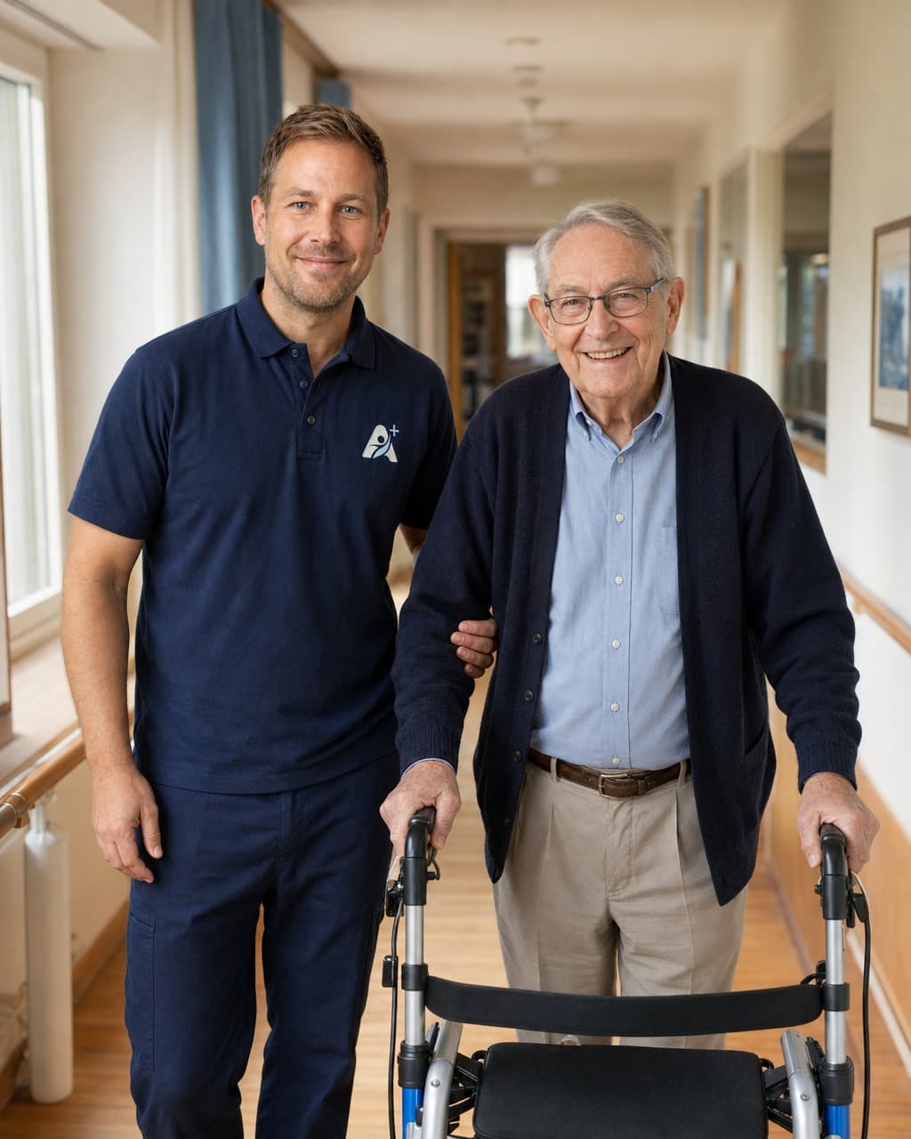 Aktiva+ Pfleger begleitet einen Senior mit Rollator durch den Flur