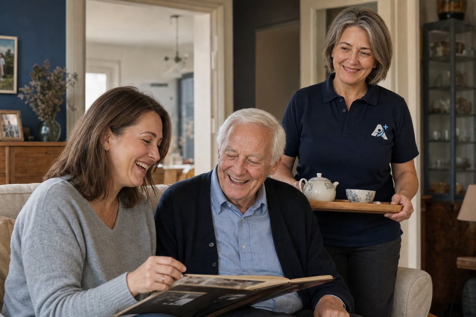 Angehörige und Senior schauen gemeinsam Fotos an, eine Aktiva+ Pflegekraft bringt Tee